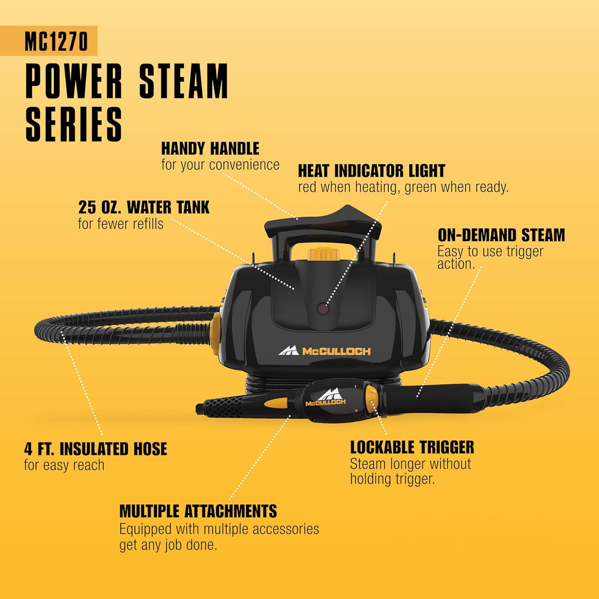 McCulloch MC1385 Deluxe Canister Steam Cleaner, 2-Hour Runtime, Chemical-Free, 23 Accessories: Mop Head, Brushes & More - Built for Home, Tile, Carpet, Furniture, & Personal Car Detailing