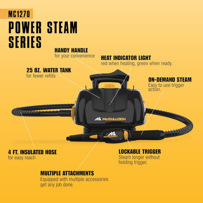 McCulloch MC1385 Deluxe Canister Steam Cleaner, 2-Hour Runtime, Chemical-Free, 23 Accessories: Mop Head, Brushes & More - Built for Home, Tile, Carpet, Furniture, & Personal Car Detailing