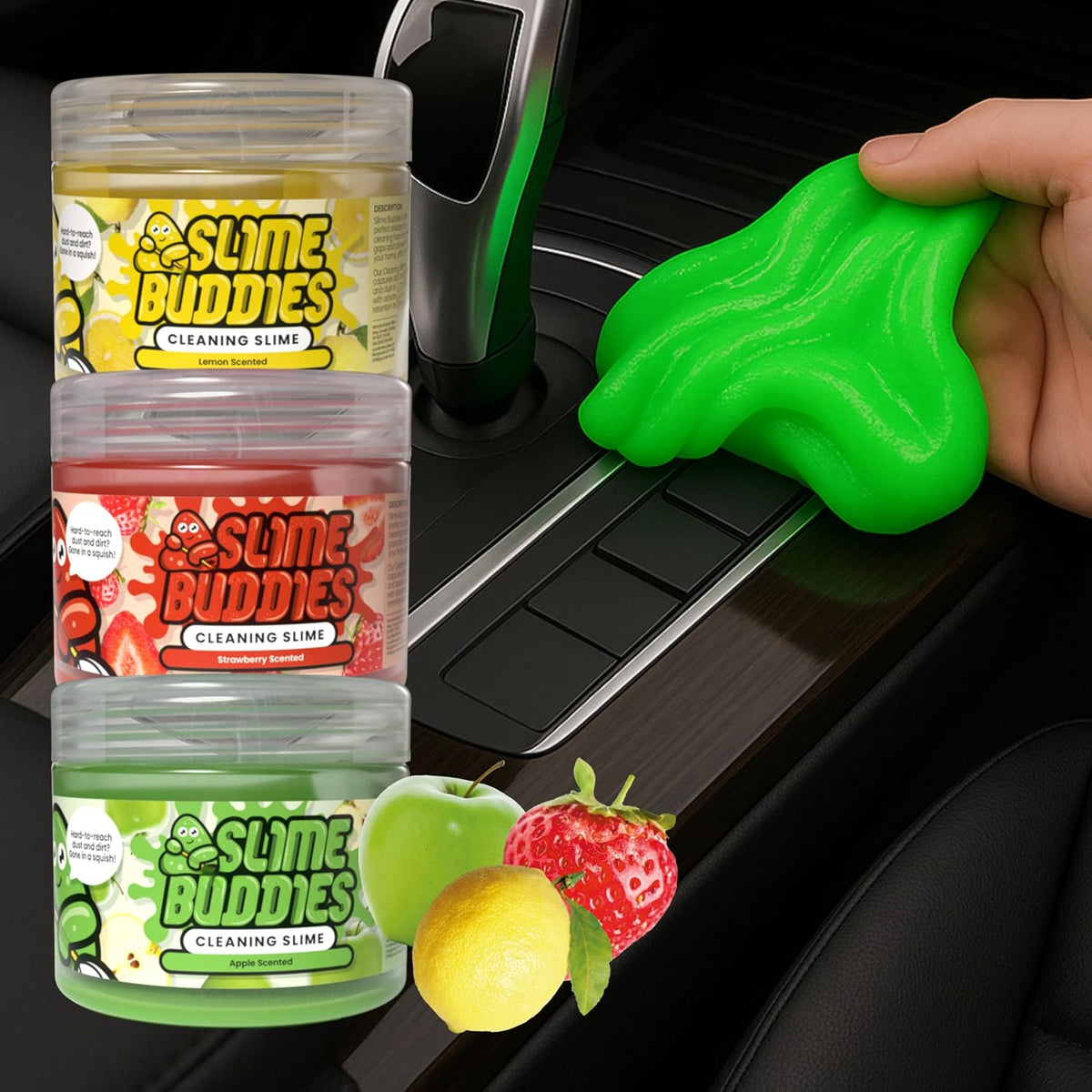 Slime Buddies Car Cleaning Gel Putty - Strawberry Scented Interior Detailing Tool for Cup Holders, Air Vents & Keyboard - Reusable Auto Detailing Accessories - Dust Remover Goop - Gifts for Men Women