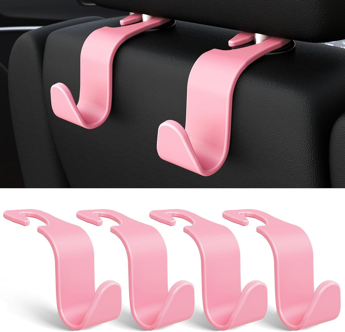 Amooca 4-Pack Car Headrest Hooks Vehicle Storage Organizer for Purses Handbags Groceries Backpack Coats –Holds 55lbs 360° Rotating Black