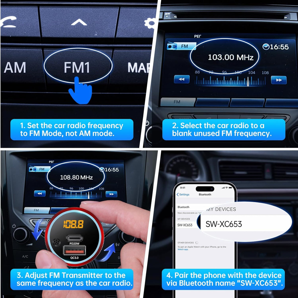 Syncwire Bluetooth 5.4 FM Transmitter for Car, 38W PD&QC3.0 Dual USB Charging Bluetooth Car Adapter Microphone & Bass Sound MP3 Music Player FM Kit with Hands-Free Calling