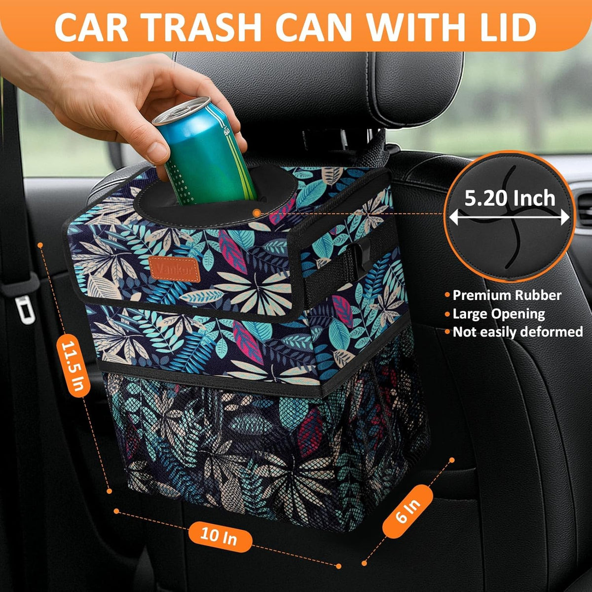 Vankor Car Trash Can Bin with Lid Hanging for Back Seat, Car Accessories for Women Men Leak Proof Automotive Garbage Cans Leakproof Vehicle Trash Can for Truck SUV Black