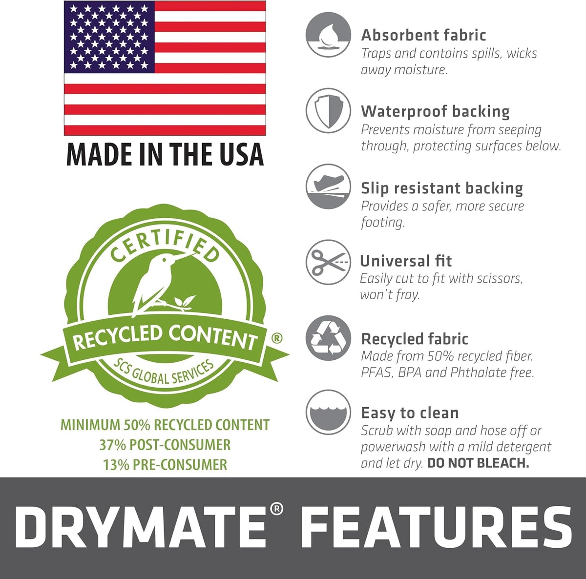 Drymate XL Oil Spill Mat (36" x 59"), Premium Absorbent Oil Pad, Reusable, Washable, Durable, Waterproof Backing Contains Liquids, Protects Garage Floor Surface (USA Made)