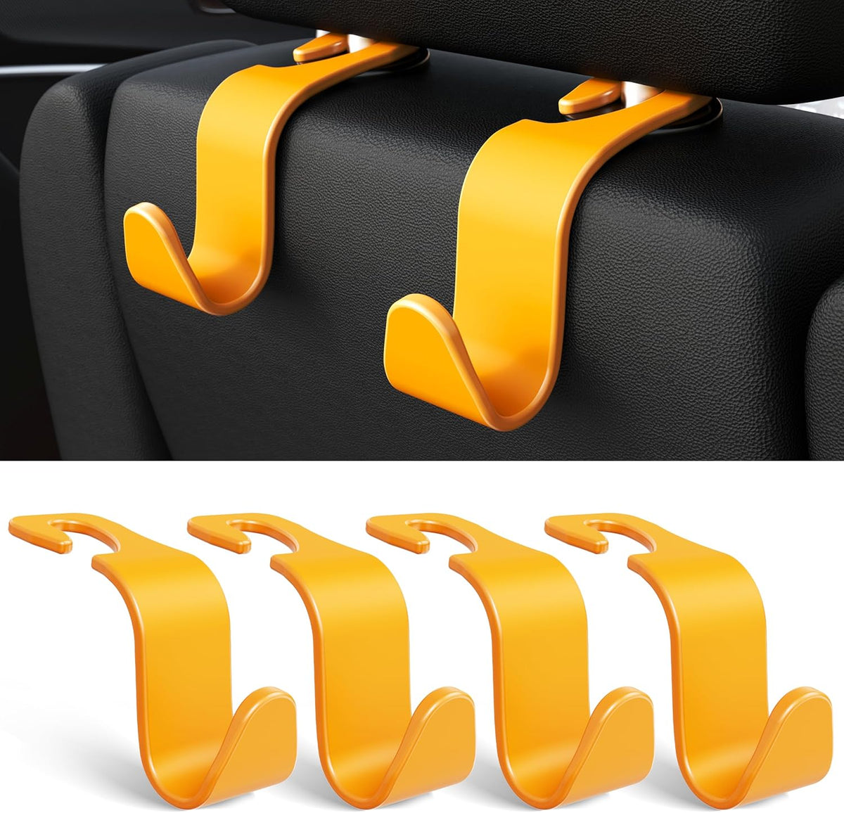 Amooca 4-Pack Car Headrest Hooks Vehicle Storage Organizer for Purses Handbags Groceries Backpack Coats –Holds 55lbs 360° Rotating Black