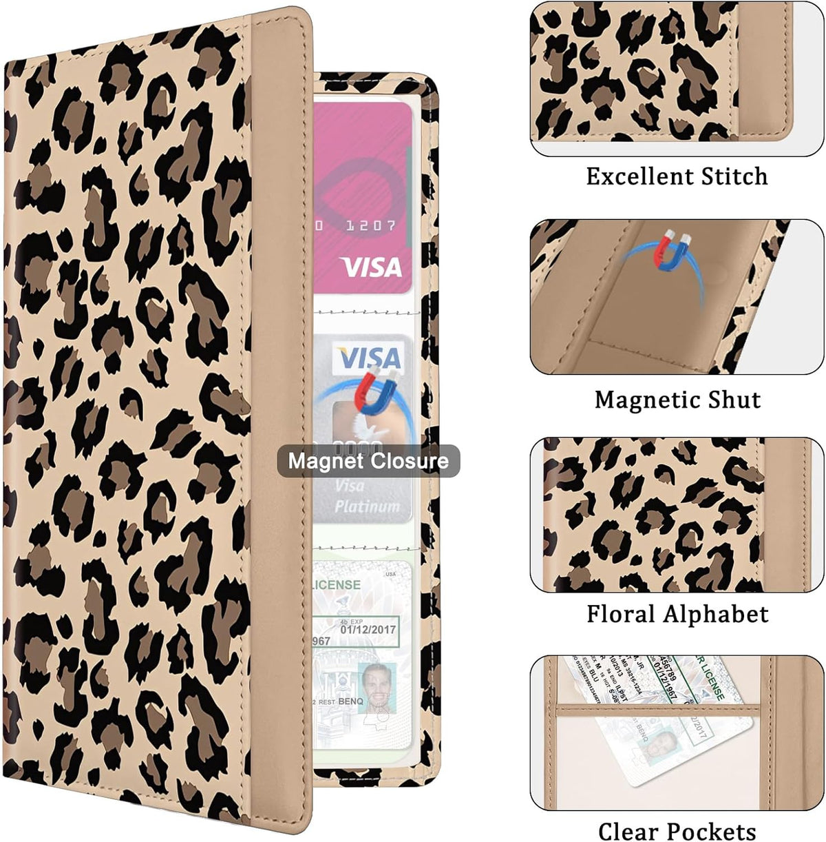 Car Registration and Insurance Holder, with Magnetic Closure for License, Cards and Documents, All Vehicle Needs and Car Accessories (Leopard-Black)