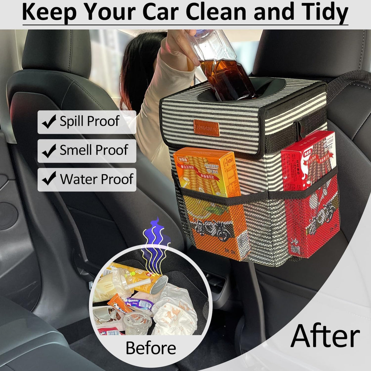 ELONGRIVER Car Trash Can Bin for Back Seat Leak Proof, Cute Car Trash Bag Hanging, Vehicle Trash Can for SUV Truck Van, Automotive Garbage Cans Front Seat Black