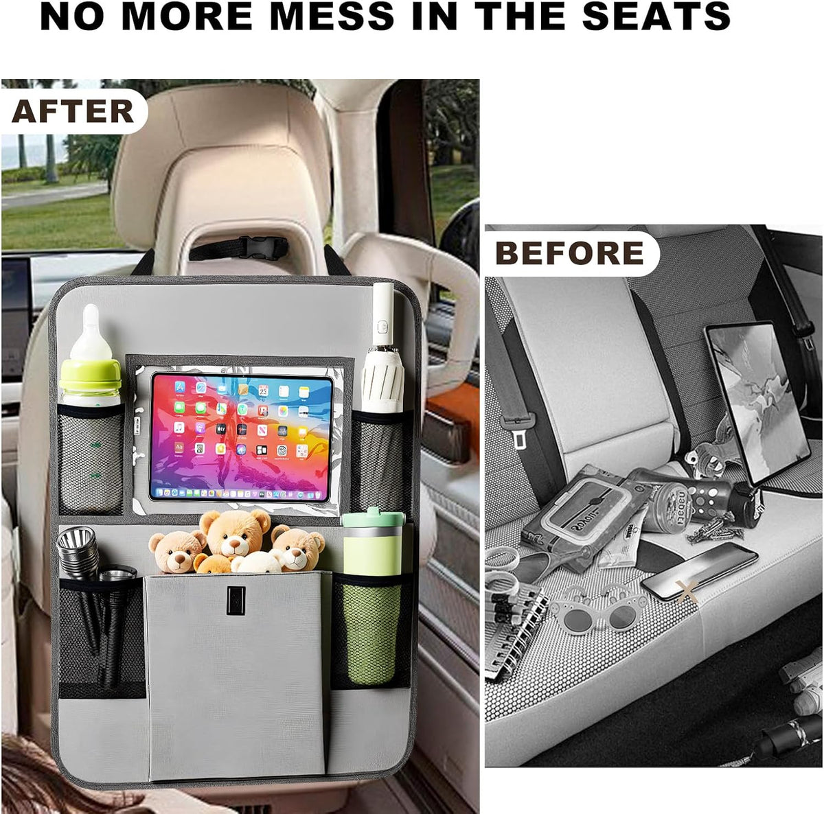 Car Backseat Organizer with Tablet Holder, 6 Storage Pockets Seat Back Protectors Kick Mats for Kids, Car Seat Protector for Road Trips 2 Pack (Black)