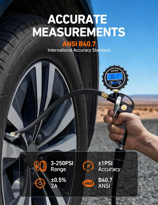 AstroAI Digital Tire Pressure Gauge with Inflator, 3-250 PSI Air Chuck & Compressor Accessories Heavy Duty with Quick Connect Coupler, 0.1 Display Resolution, 1Pack Standard