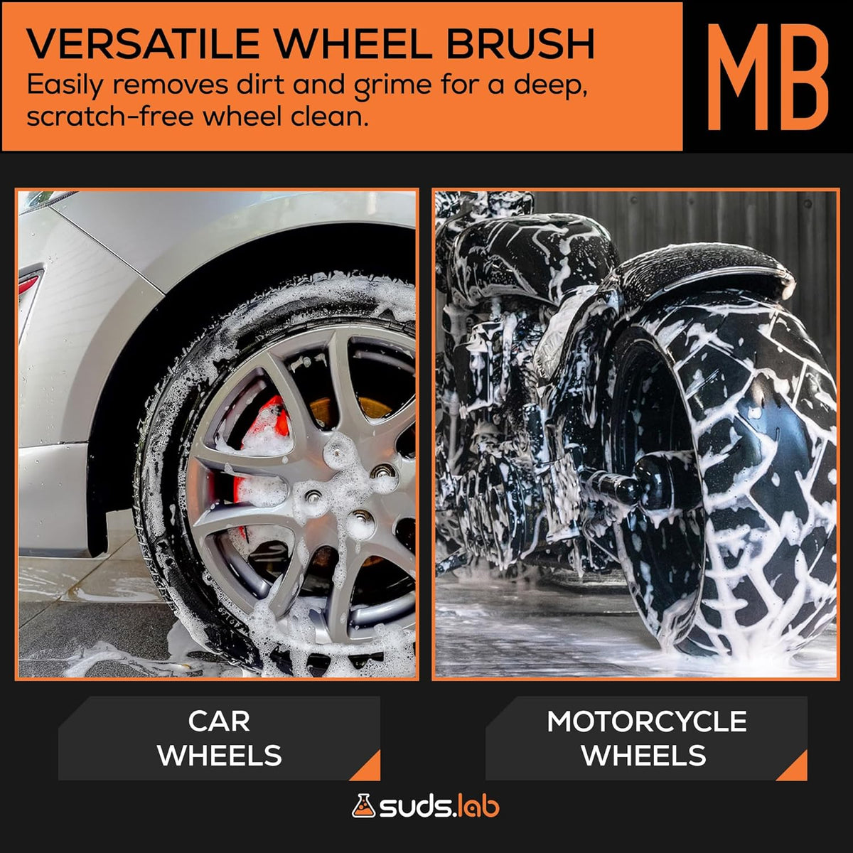 Suds Lab WB Premium Detailing Wheel Brush for All Vehicle Types – 17.7" Ultra-Soft and Scratch-Free Reusable Rim, Wheel, and Tire Brush for Deep Cleaning