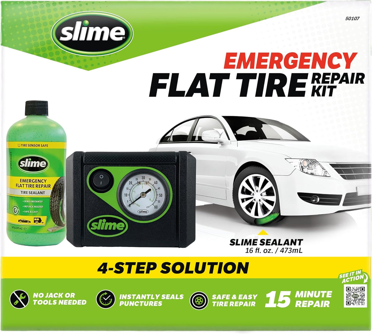 Slime 50107 Flat Tire Puncture Repair, Smart Spair, Emergency Kit For Car Tires, Includes Sealant And Tire Inflator Pump, Suitable For Cars And Other Highway Vehicles, 15 Min Fix