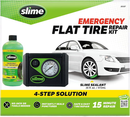 Slime 50107 Flat Tire Puncture Repair, Smart Spair, Emergency Kit For Car Tires, Includes Sealant And Tire Inflator Pump, Suitable For Cars And Other Highway Vehicles, 15 Min Fix
