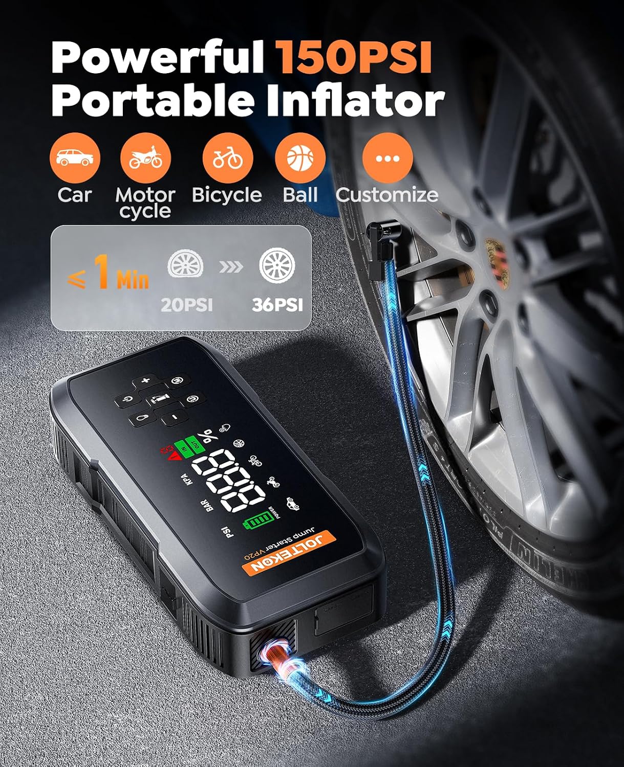 Car Battery Jump Starter with Air Compressor, 4500A Powerful Battery Jumper Starter Portable with 150PSI Auto-Pause Pump, 12V Jump Box for Car Battery with 10-Safety Protection(9L Gas/8L Diesel)