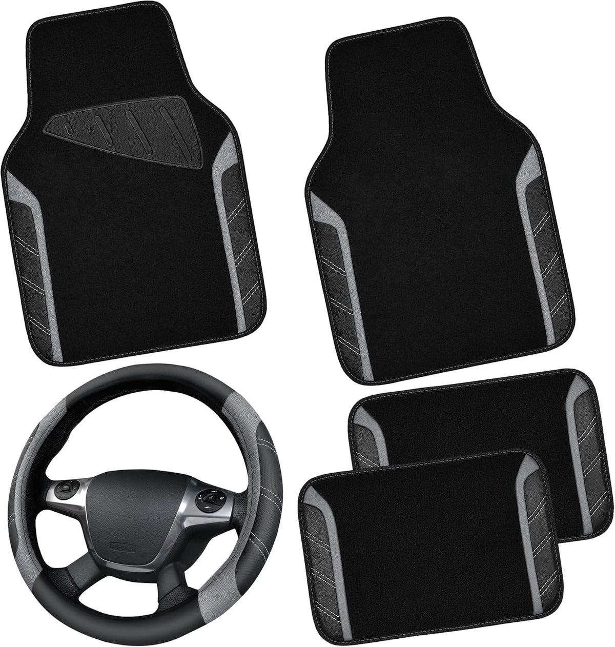CAR PASS Air Mesh Leather Car Seat Covers Full Set, Waterproof Car Floor Mats, Sporty Steering Wheel Cover 14.5-15in, Universal Fits for 95% Cars Truck SUV (Black and Blue)