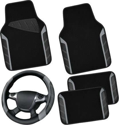 CAR PASS Air Mesh Leather Car Seat Covers Full Set, Waterproof Car Floor Mats, Sporty Steering Wheel Cover 14.5-15in, Universal Fits for 95% Cars Truck SUV (Black and Blue)