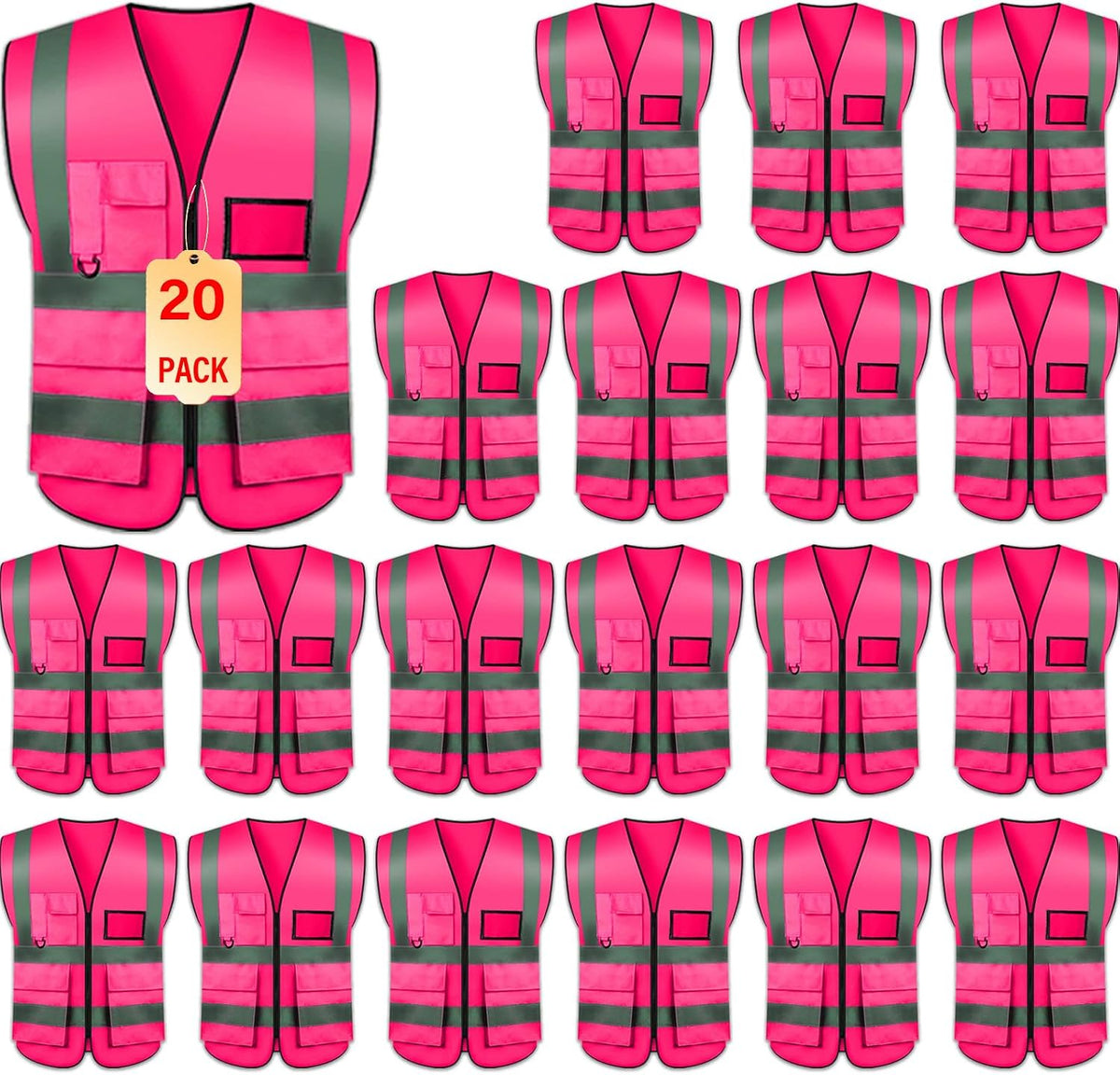 Safety Vests 20 Pack,Hi Vis Construction Vest with 5 Pockets and Zipper,Reflective Vest for Men Women Work One Size