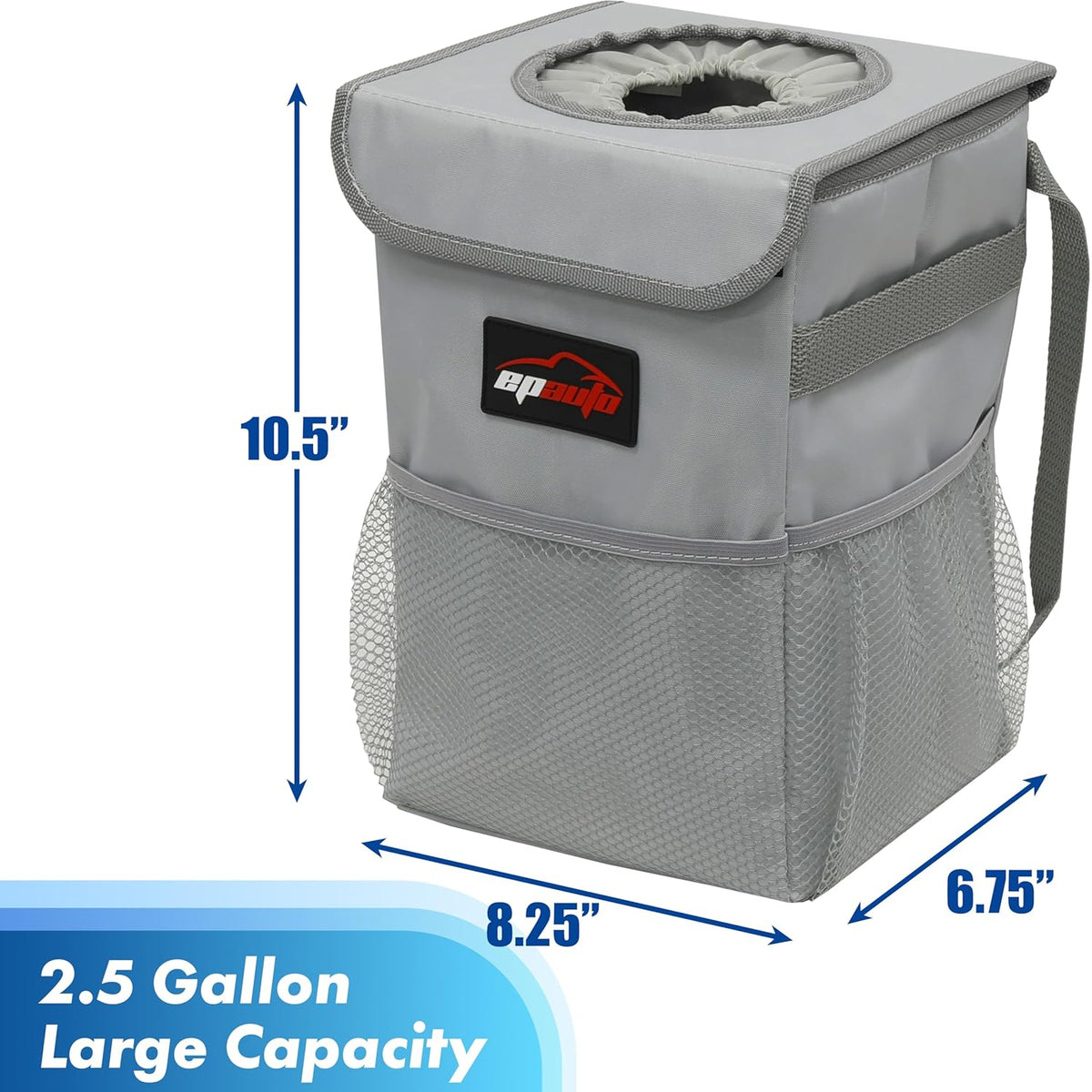 EPAuto Waterproof Car Trash Can with Lid and Storage Pockets, 2.5 Gallon, Black