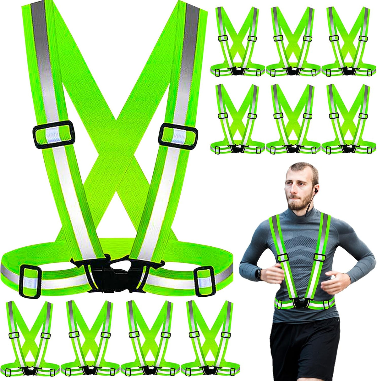 PeerBasics Safety Vests 10 Pack - Yellow Reflective High Visibility, Hi Vis Silver Strip, Men Women, Work, Cycling, Runner, Surveyor, Volunteer, Crossing Guard, Road, Construction, Neon (Mesh, 10)