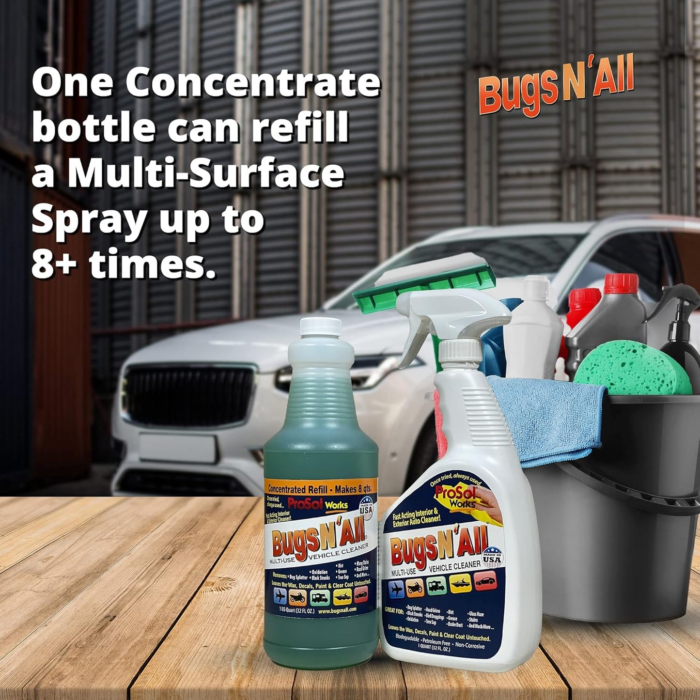 Bugs N’ All Multipurpose Car Cleaner & Degreaser - Bug & Tar Remover Concentrate 4 oz - Exterior Cleaner Safe for Car Paint, Metal, Chrome, Aluminum, Windows & Mirrors - w/Free 32 oz Spray Bottle