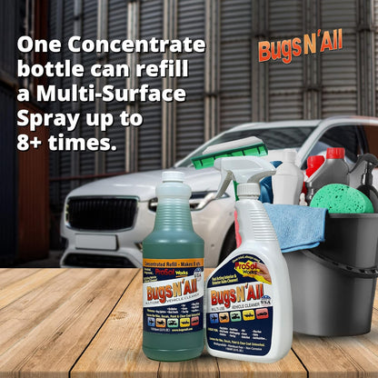 Bugs N’ All Multipurpose Car Cleaner & Degreaser - Bug & Tar Remover Concentrate 4 oz - Exterior Cleaner Safe for Car Paint, Metal, Chrome, Aluminum, Windows & Mirrors - w/Free 32 oz Spray Bottle