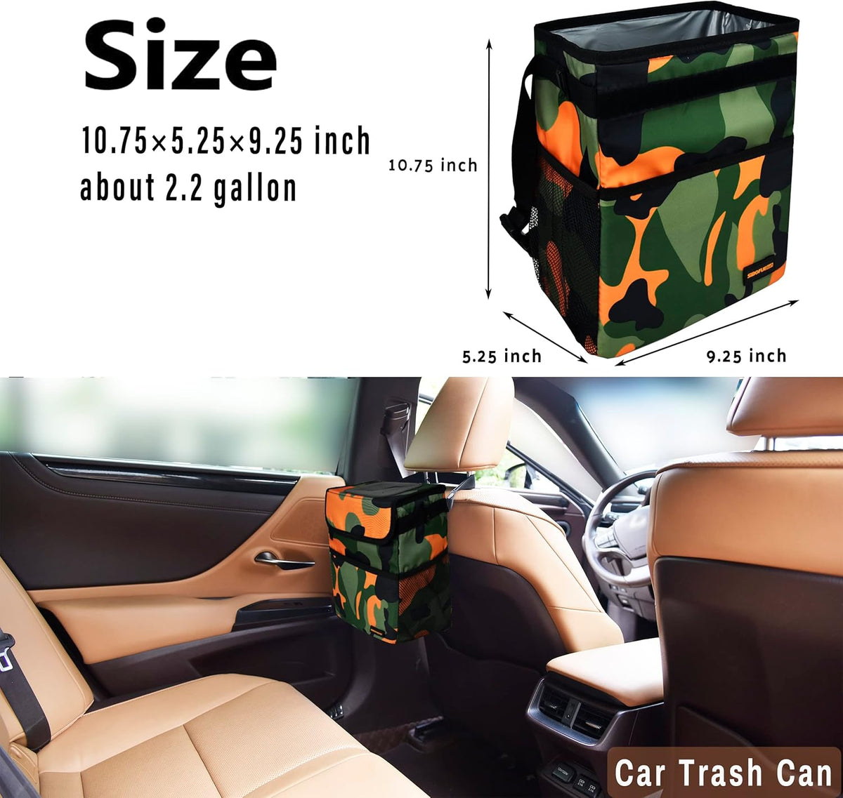 SIBOFUEGO Cute Car Trash Can with Lid – Multipurpose Collapsible Trash Bin for Car, Leak-Proof Organizer, Waterproof Garbage Can with Storage Pockets & Adjustable Straps, 2 Gallons (Black Leopard)
