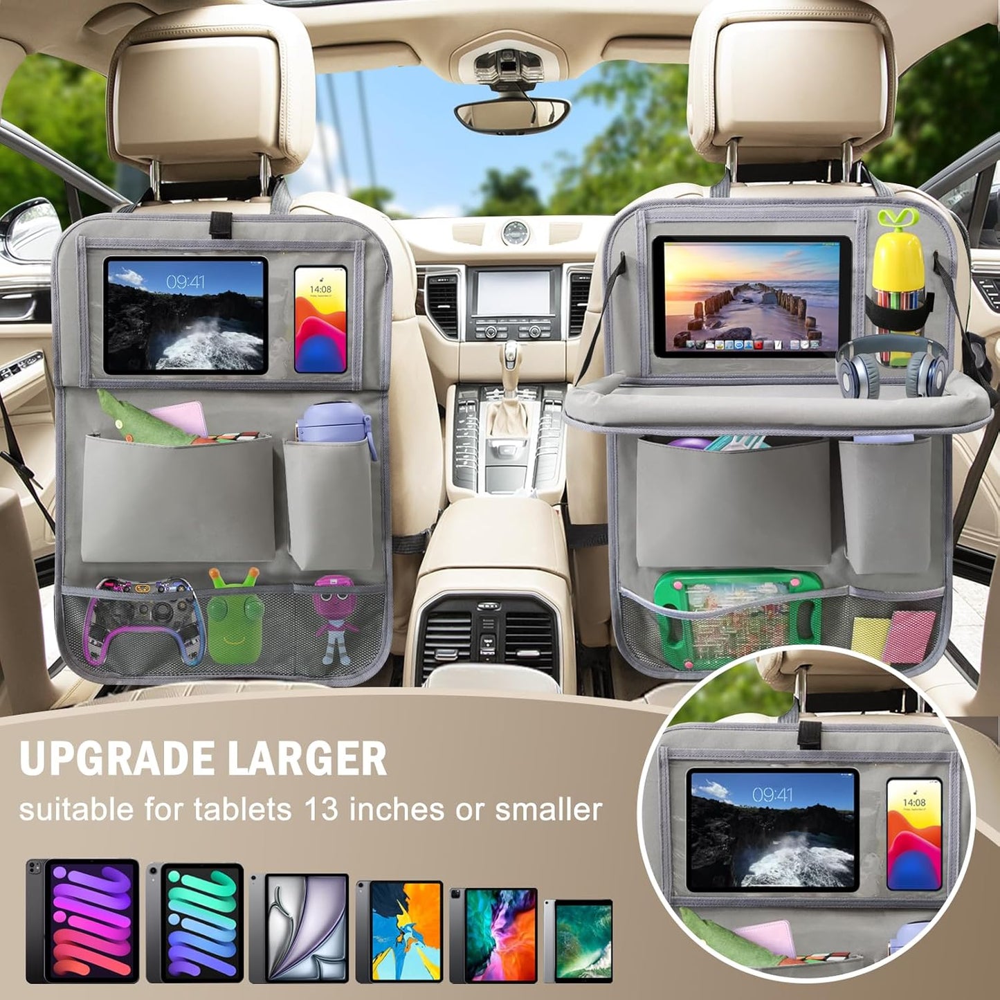 2Pack Car Backseat Organizer with Foldable Table Tray,6 Storage Pockets Car Storage Organizer with Tablet Holder,Car Seat Back Protectors Kick Mats Travel Accessories (Black)