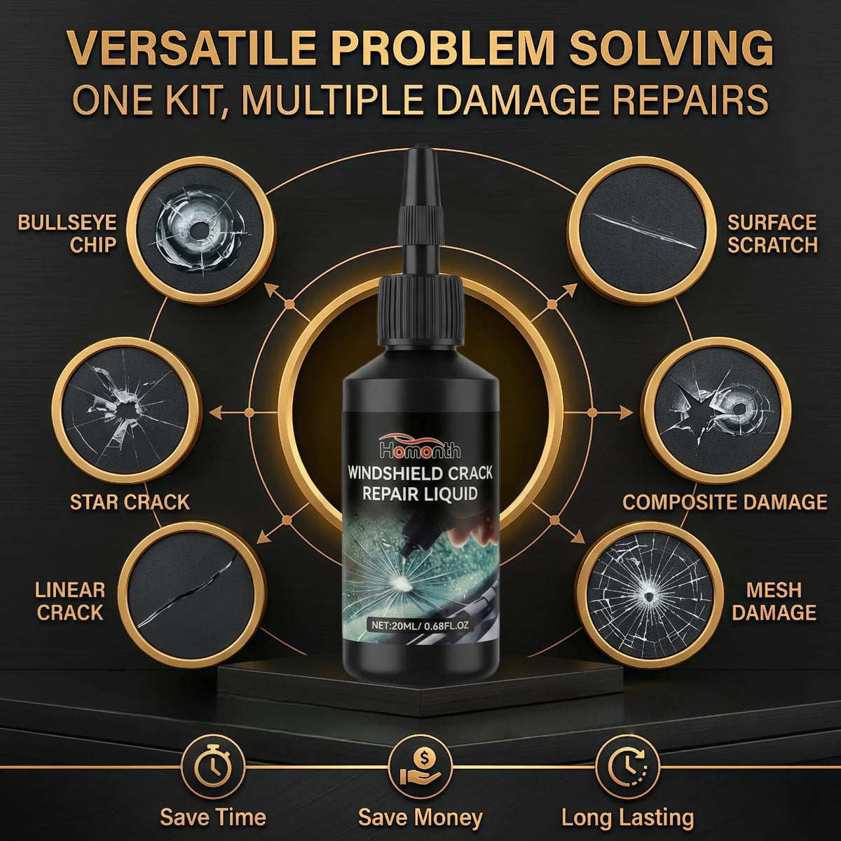 Windshield Crack Repair Kit – Quick Windshield Repair Kit, Nano Glass Fluid Windshield Chip Repair Kit for Bullseye, Star & Linear Cracks – Car Windshield Crack Repair Kit Fluid