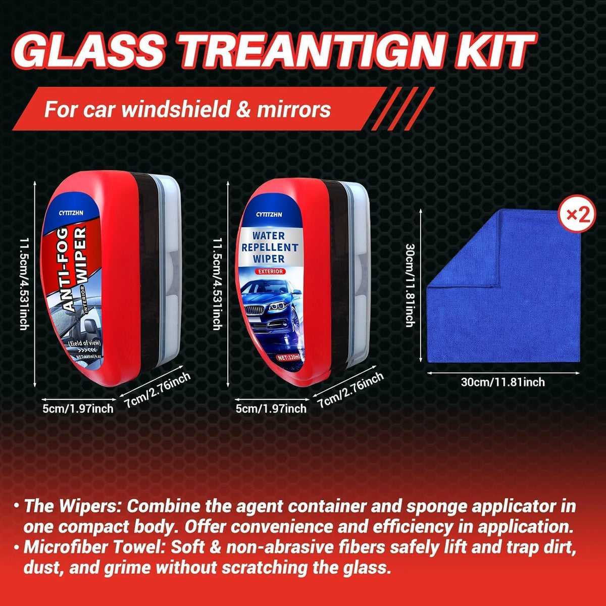 Car Windshield Water Repellent & Anti-Fog Treatment - Quick Interior & Exterior Glass Coating Kit, Rain Repellent Spray for Windows, Mirror, Paint Protection - Long-Lasting Visibility, Pack of 2