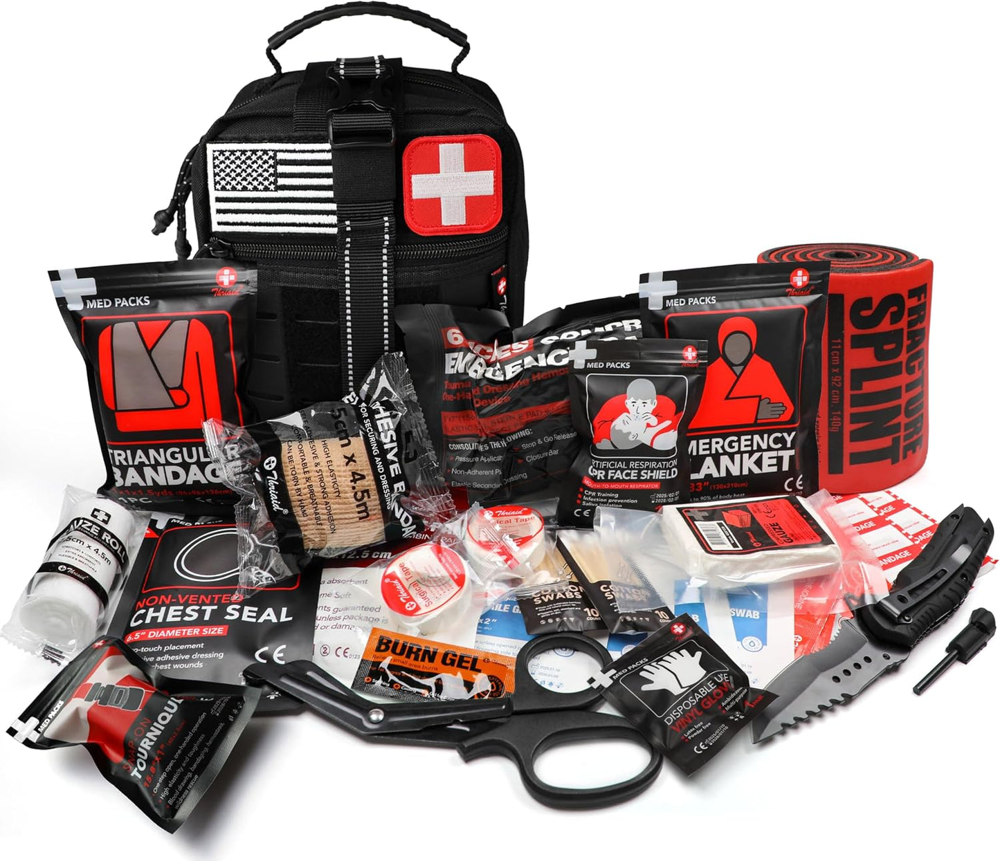 Survival First Aid Kit with Israeli Bandage, Chest Seal, Tourniquet, Splint, Tactical Military Combat Molle IFAK for Wound Care, Bleeding Control, Trauma Hemorrhage and More (Black)