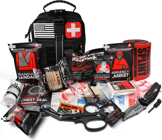 Survival First Aid Kit with Israeli Bandage, Chest Seal, Tourniquet, Splint, Tactical Military Combat Molle IFAK for Wound Care, Bleeding Control, Trauma Hemorrhage and More (Black)