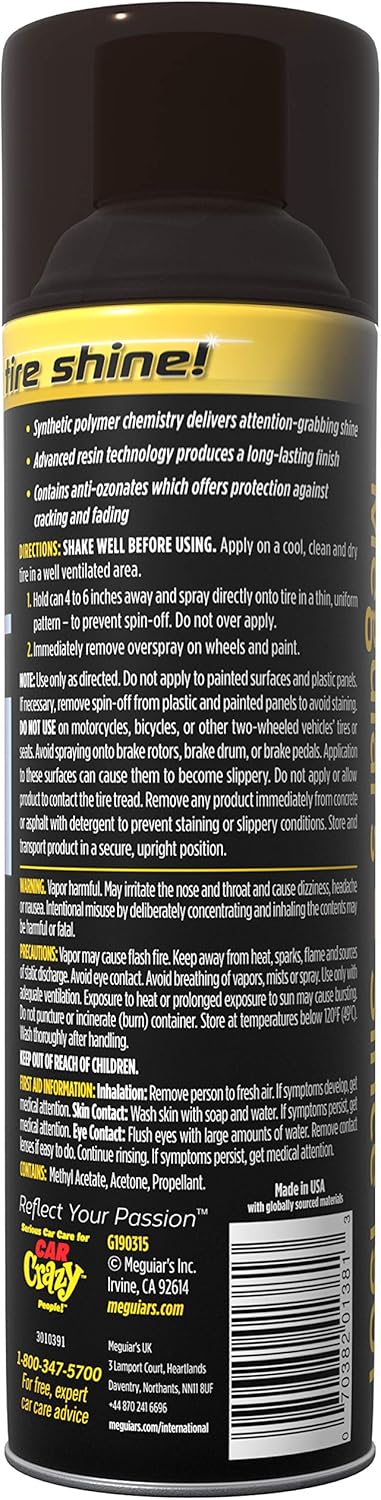Meguiar's G190315 Ultimate Insane Shine Tire Coating, gives a Finish that Creates a Lasting Wet-Look for a Classic Black Shine, Easy to Use, No Hassle, No Mess, Ultimate Protection, 15 Oz Aerosol Can