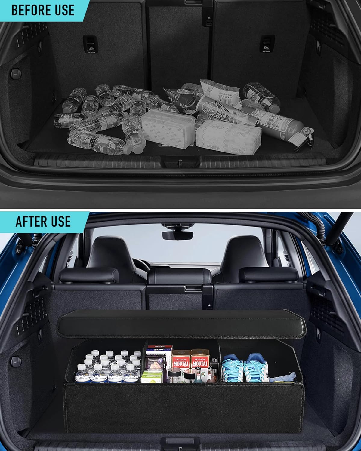 Fyzeoty Car Organizers for Trunk for Suv Sedan, Leather Storage Box,Magnetic Lid,Collapsible and Adjustable,16.5 inches