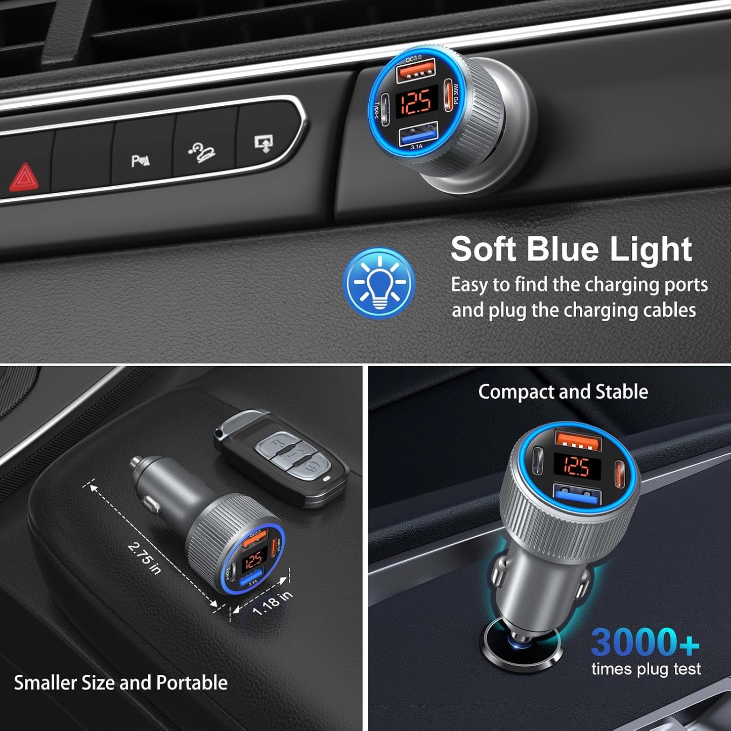 USB C Car Charger 3 Pack, Costyle 65W 4 Port Car Power Adapter with Voltmeter PD 30W/QC 3.0 Fast Charging Cigarette Lighter USB Charger Plug for iPhone 16/15/14/13/12/11 Pro Max/Pad,Android(Black)