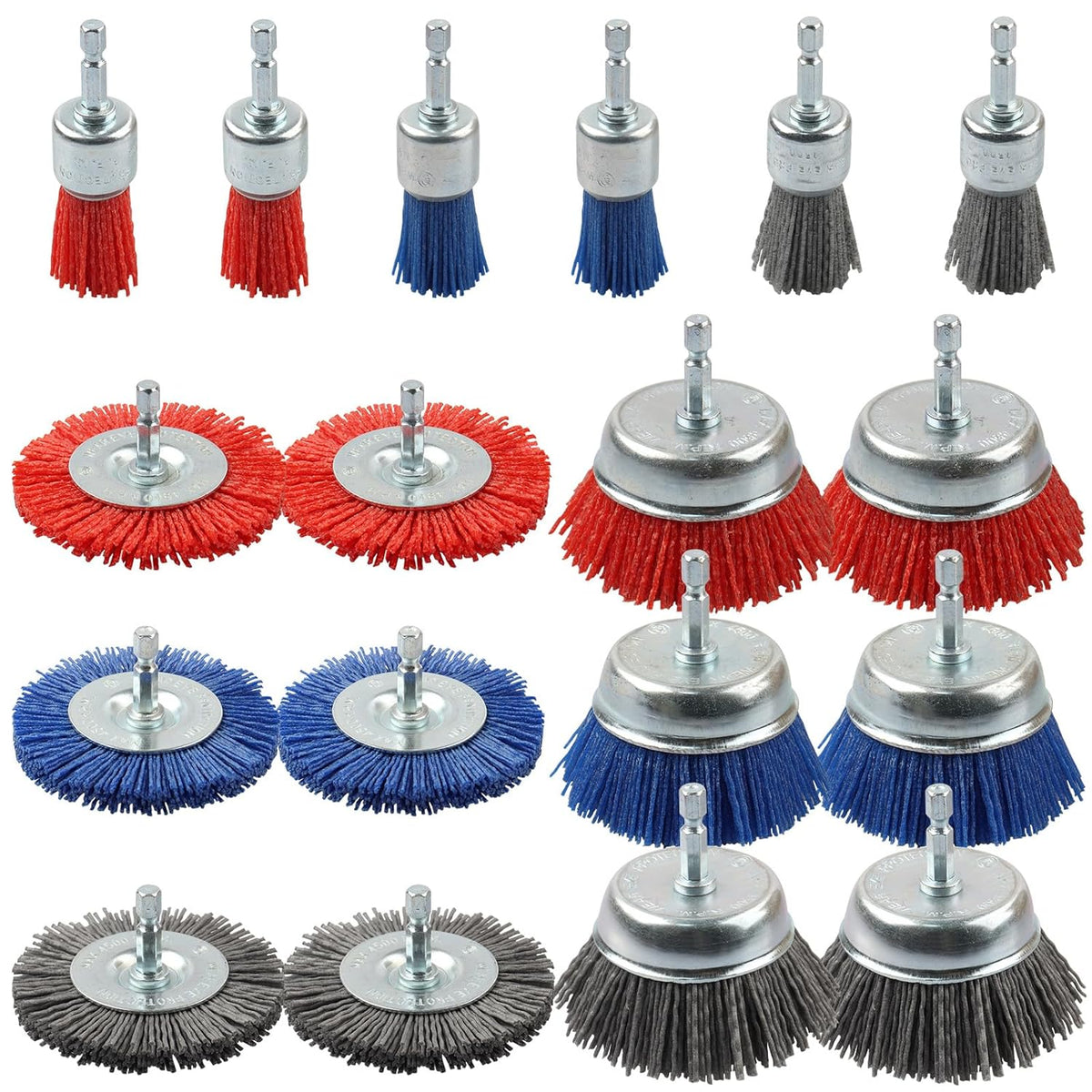 Rocaris 9 Pack Nylon Filament Abrasive Wire Brush Wheel & Cup Brush Set with 1/4 Inch Hex Shank, for Removal of Rust/Corrosion/Paint - 80 Grit, 120 Grit, 240 Grit