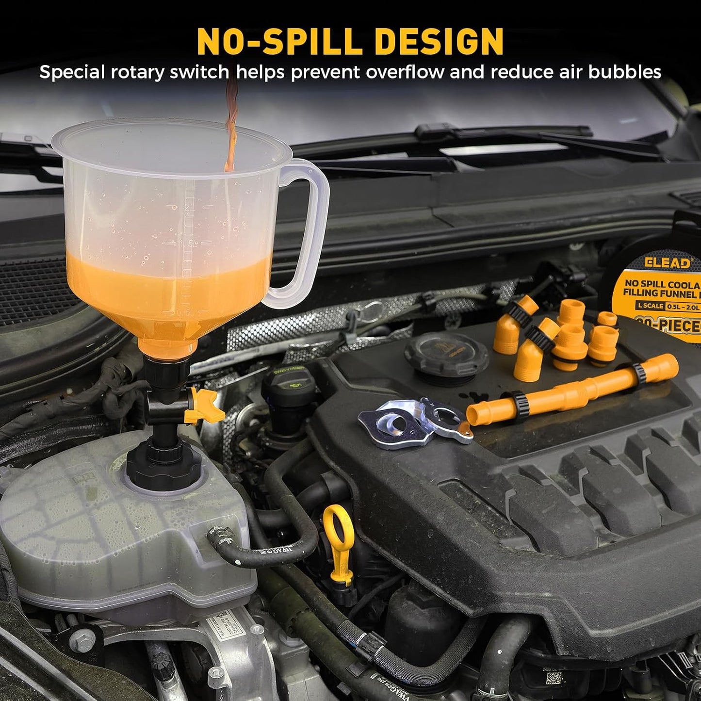 18-Piece No Spill Engine Oil Funnel Kit, 1.59QT/ 1.5L Automotive Coolant Funnel Set, 12 Adapters, Elbow Fitting, Arrow Screen & Magnetic Tray, Compatible with GM, Ford, BMW, Audi, Land Rover Etc