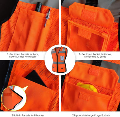 Reflective Vest for Women, Mesh Womens Safety Vest with 11 Pockets and Zipper, Hi Vis Neon Construction Work Vest for Lady Surveyors/Workers, Snugly-Fitted, ANSI Compliant (U-Yellow, S)