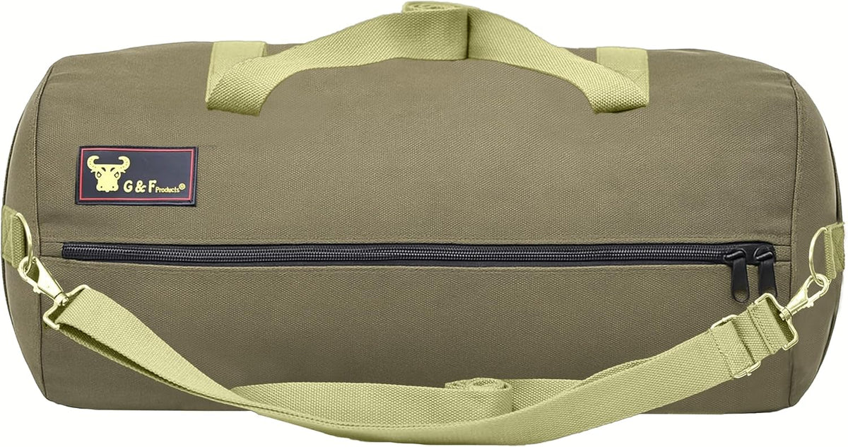 Waxed Canvas All Purpose Military Style Duffle Bag, Water-Resistant, Adjustable Strap, Fully Lined, Double Zipper Closure, heavy Duty, Olive Green