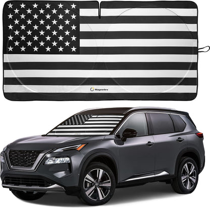 American Flag Windshield Sun Shade, High-Resolution Car Shield with Mirror Cut-Out for Automotive Interior Protection Heat Reduction, Folding Sunshade Storage Bag - Medium, Original