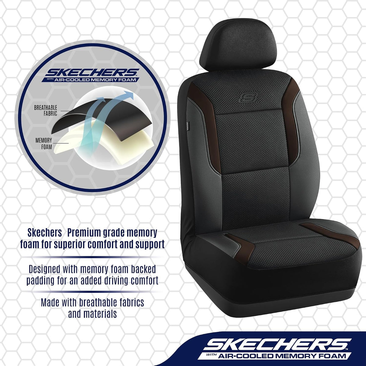Skechers Memory Foam Seat Covers, Air Cool Mesh Thick Car Seat Covers, Car Seat Covers Front Seats Airbag Compatible, Universal Automotive Comfort for Most Cars, Vans, Trucks, SUV,Black