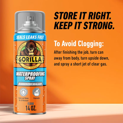 Gorilla Waterproofing Spray Clear, Flexible Rubberized Sealant Coating, Paintable UV Resistant, Seals Water Air Moisture, 14 oz (Pack of 1), for Roofs Gutters Skylights RVs Windows & More