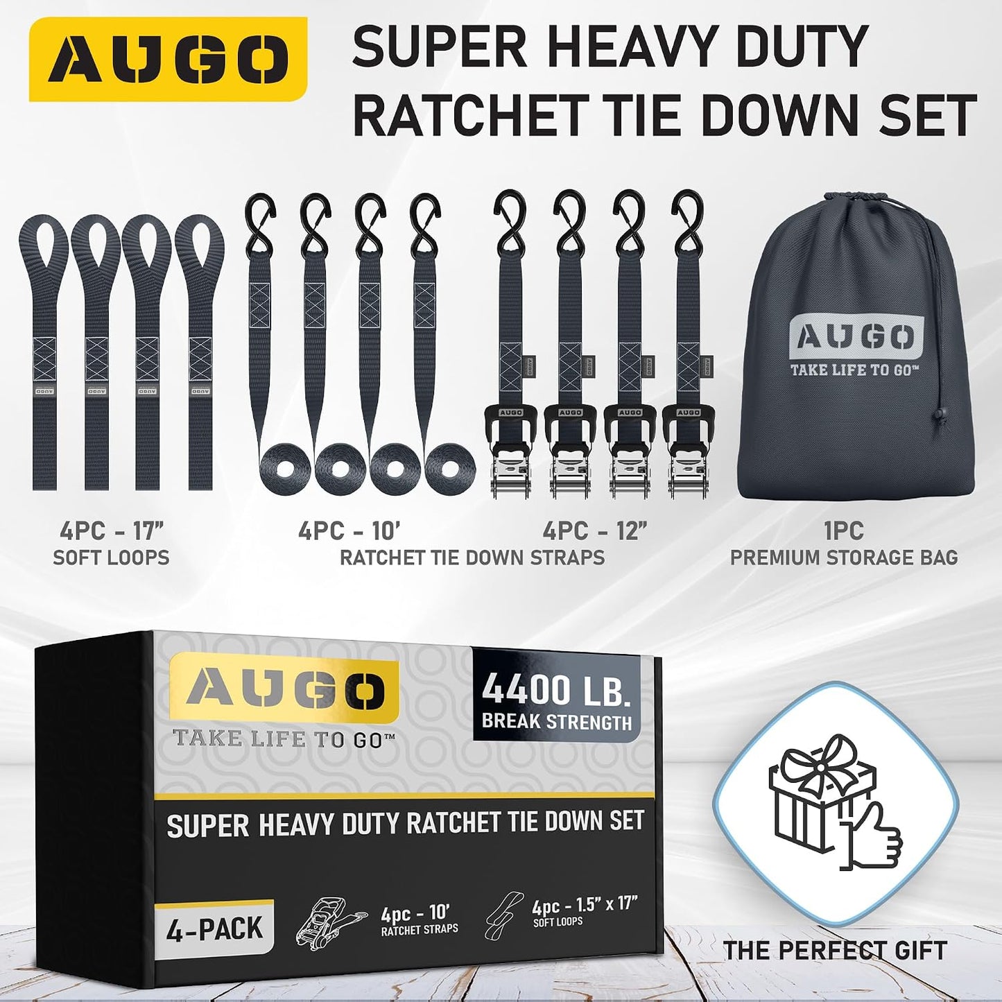 AUGO Ratchet Straps Heavy Duty 4 Pack -15 FT - 2200 LB Break Strength – with Safety Lock S Hooks - Cargo Straps for Moving, Appliances, Motorcycle – Soft Loop Tie Down Straps