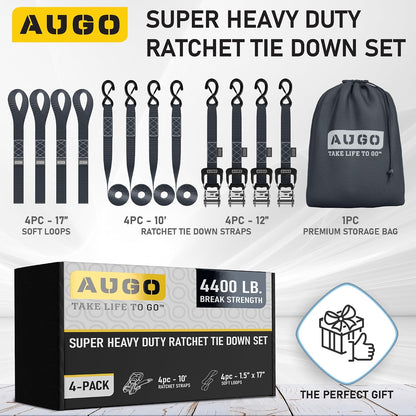 AUGO Ratchet Straps Heavy Duty 4 Pack -15 FT - 2200 LB Break Strength – with Safety Lock S Hooks - Cargo Straps for Moving, Appliances, Motorcycle – Soft Loop Tie Down Straps