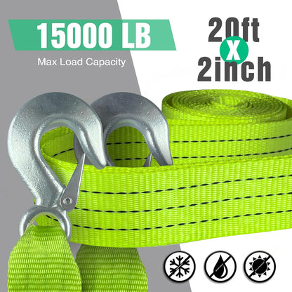 Tow Strap with Hooks 2”x20’ 15,000 LBS, Tow Rope Metal Safety Hooks, Car Heavy Duty Recovery Rope for Trailers, Securing Items, and Farm Cleaning