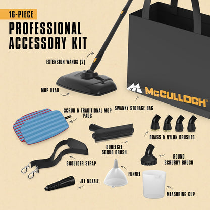 McCulloch MC1385 Deluxe Canister Steam Cleaner, 2-Hour Runtime, Chemical-Free, 23 Accessories: Mop Head, Brushes & More - Built for Home, Tile, Carpet, Furniture, & Personal Car Detailing