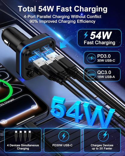 Bluetooth Fm Transmitter for Car, 54w Fast Charging, Blue Tooth 5.4 Car Charger USB-C USB-A Multi Ports, Wireless Radio Aux Cigarette Lighter Adapter Auxiliary for Samsung Galaxy Android iPhone Apple
