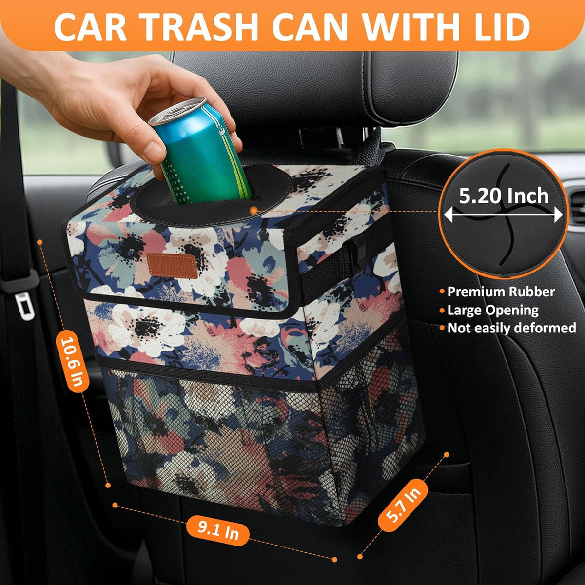 Vankor Car Trash Can Bin with Lid Hanging for Back Seat, Car Accessories for Women Men Leak Proof Automotive Garbage Cans Leakproof Vehicle Trash Can for Truck SUV Black