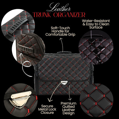 Leather Trunk Organizer with Lid for Suv and more, Foldable Car Organizer, Car Organizers and Storage with Pockets, Non-Slip Design (Black-Black)
