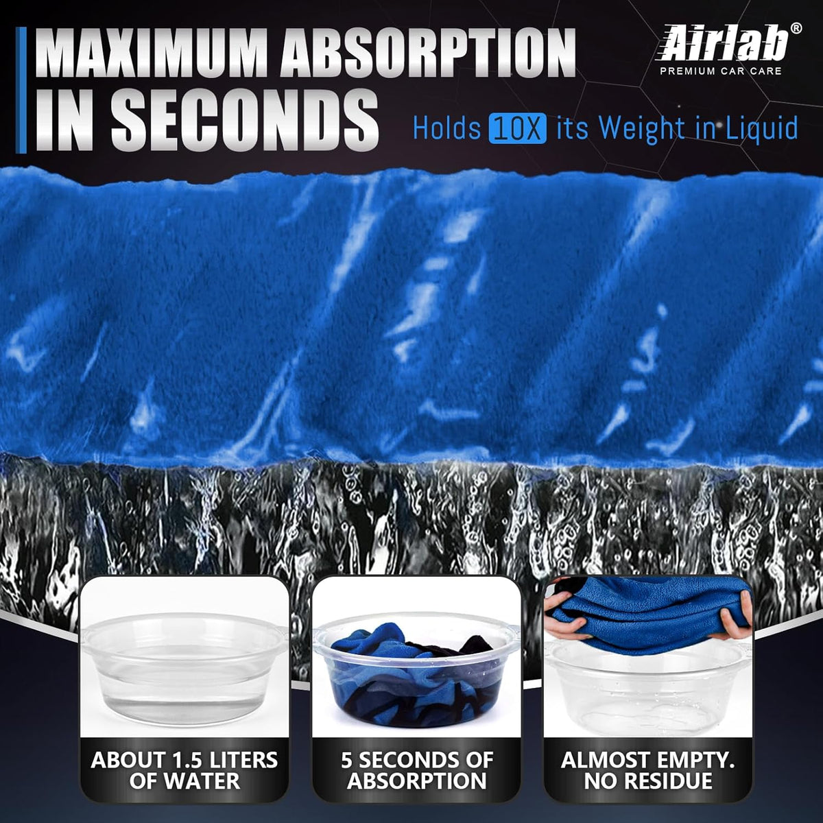 Airlab Microfiber Towels for Cars Wash Drying Thick Plush Cleaning Cloth Auto Detailing Super Absorbent for Interior & Exterior Lint Free, Streak Free, 16" X 16", 800 GSM, Pack of 4