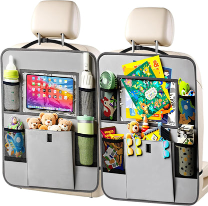 Car Backseat Organizer with Tablet Holder, 6 Storage Pockets Seat Back Protectors Kick Mats for Kids, Car Seat Protector for Road Trips 2 Pack (Black)
