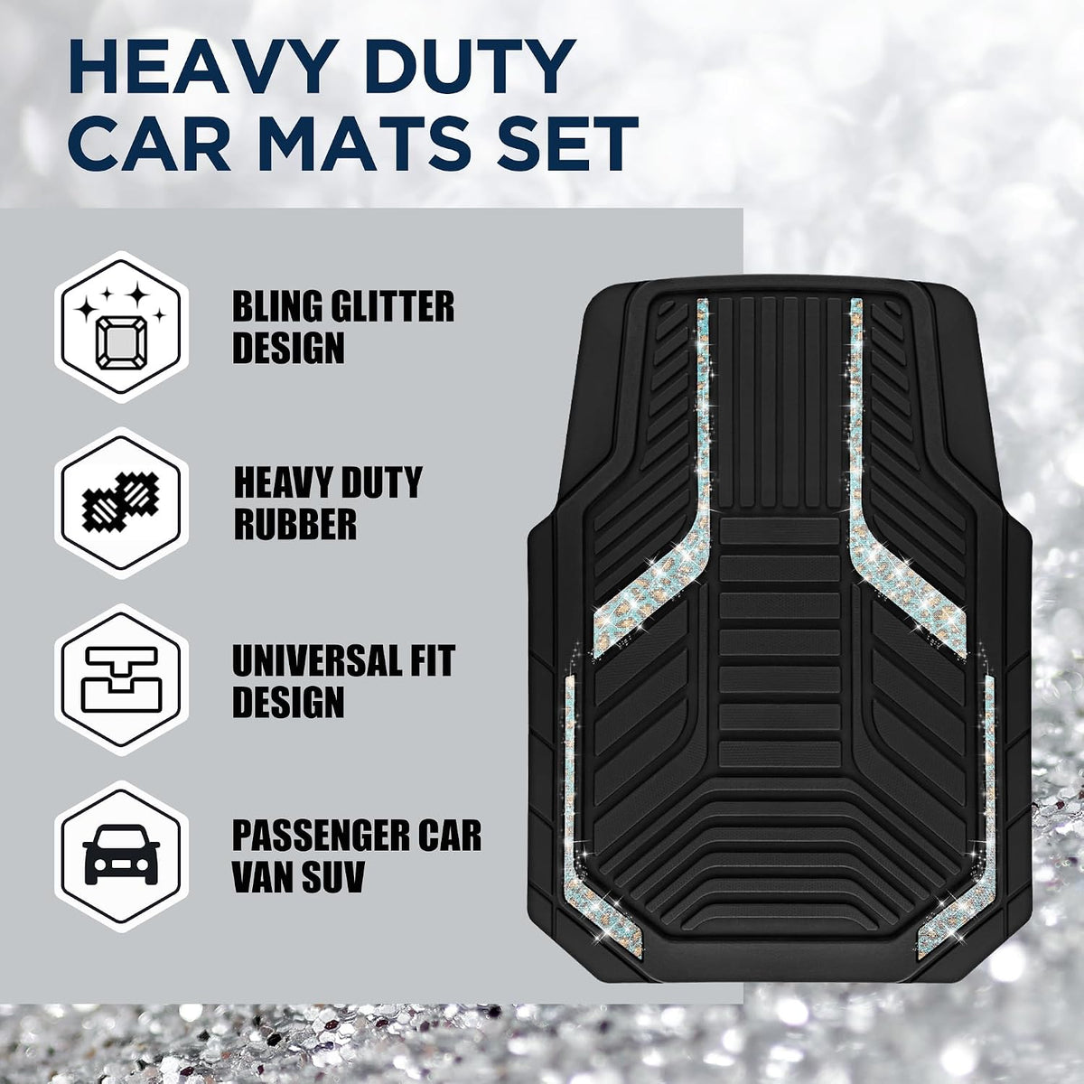 PIC AUTO Heavy Duty Rubber Floor Mats, Purple Aluminum Film Car Mats Set, Front and Rear Car Mats with Anti-Slip Backing, All Weather Protection, Trim-to-Fit for Automotive SUV, Sedan, Van