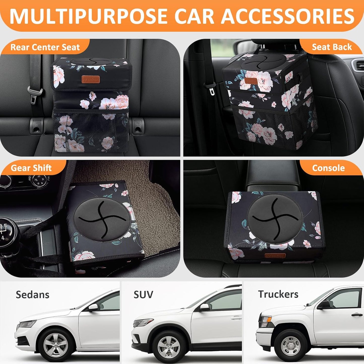 Vankor Car Trash Can Bin with Lid Hanging for Back Seat, Car Accessories for Women Men Leak Proof Automotive Garbage Cans Leakproof Vehicle Trash Can for Truck SUV Black